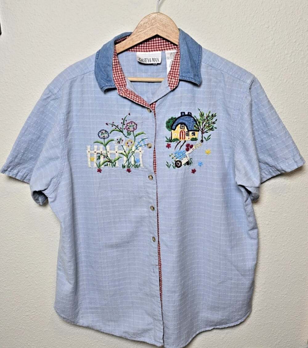 Casey & Max Embroidered Striped Shirt XL Blue Cottagecore Denim Collar Vintage